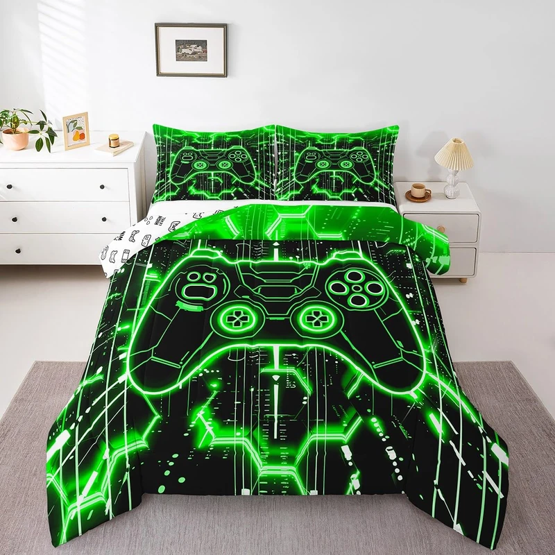 Feelyou Kids Green Gamer Comforter Set Full Size, Honeycomb Gaming Bedding Set Boys Girls Modern Game Console Comforter Game Teens Duvet Set Bedroom Decor 3Pcs