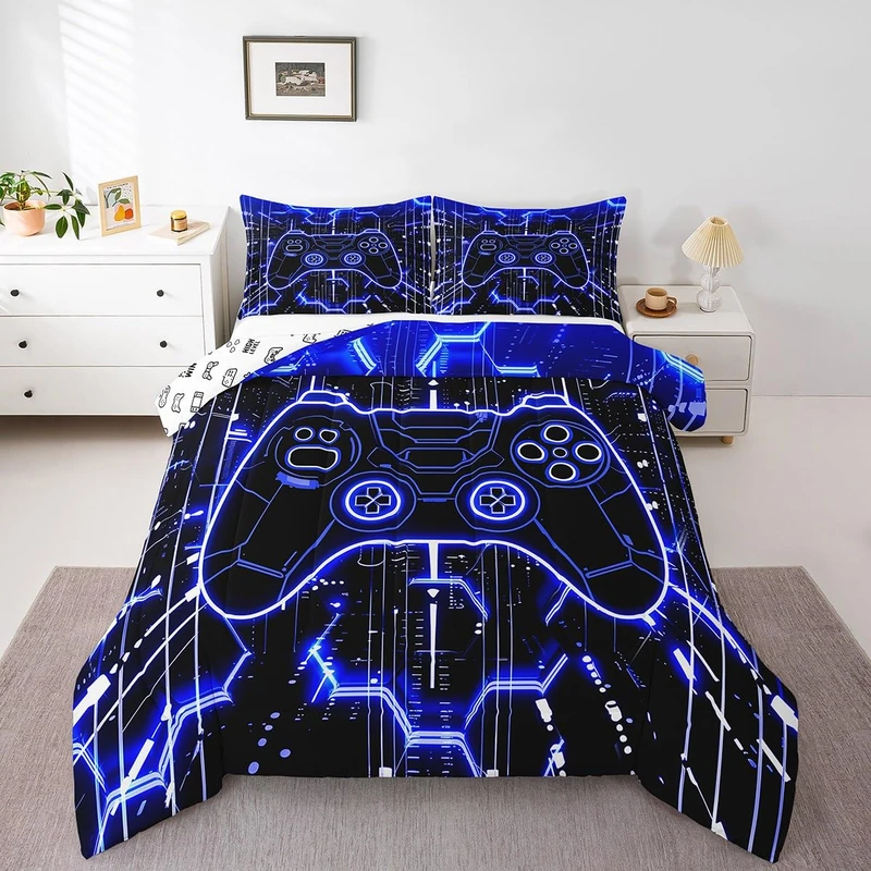 Feelyou Kids Blue Gamer Bedding Set Full Size, Honeycomb Gaming Comforter Set Boys Girls Modern Game Console Comforter Gamepad Teens Duvet Set Bedroom Decor Bed Set 3Pcs