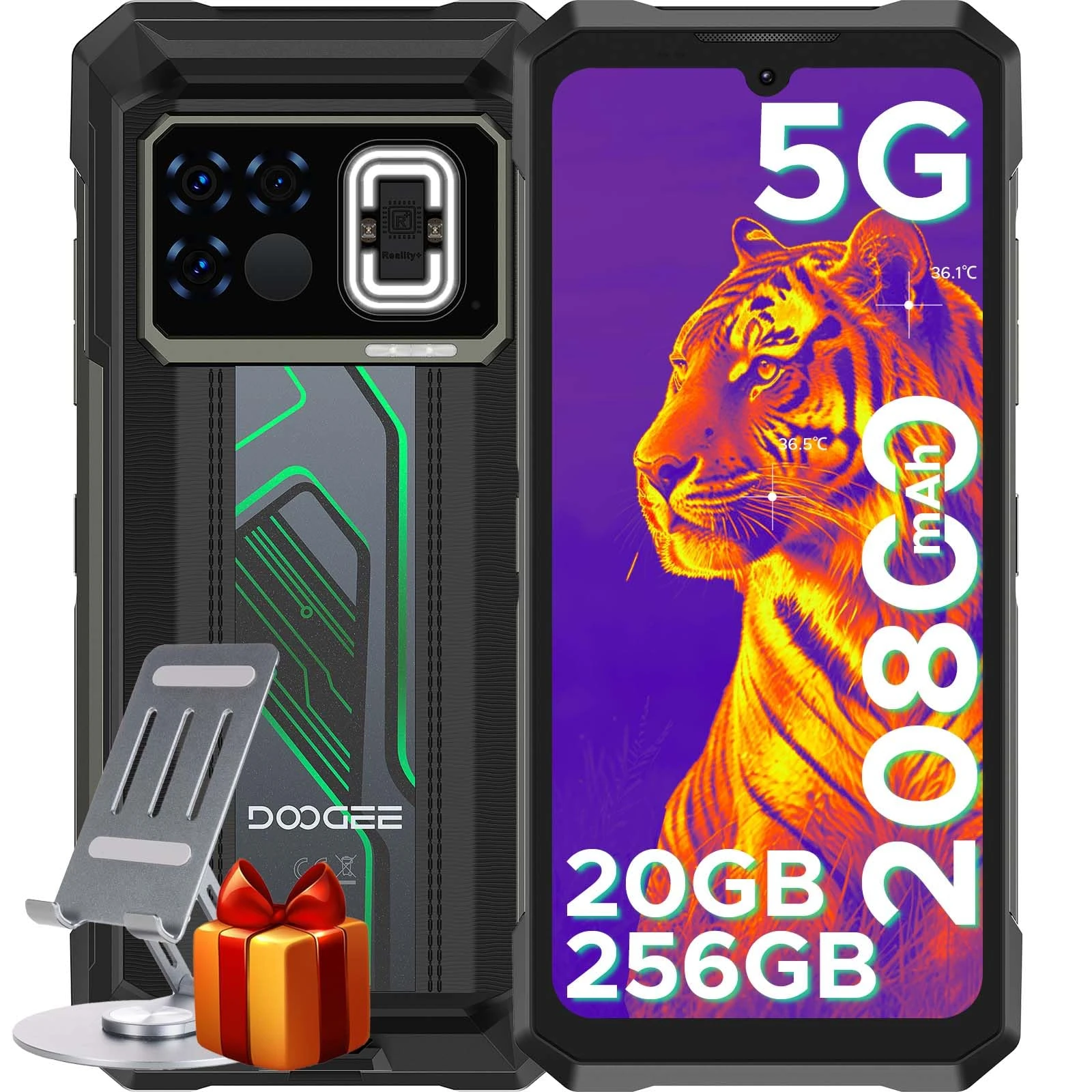 DOOGEE Fire 6 MAX Rugged Smartphone 5G 2025, 20800mAh/33W, Thermal Imaging Rugged Phones Android 14, Dual Light Flashlight, 50MP+20MP Night Version, 20GB+256GB, 6.72''FHD+120HZ, 5G Dual SIM/WiFi 6/NFC
