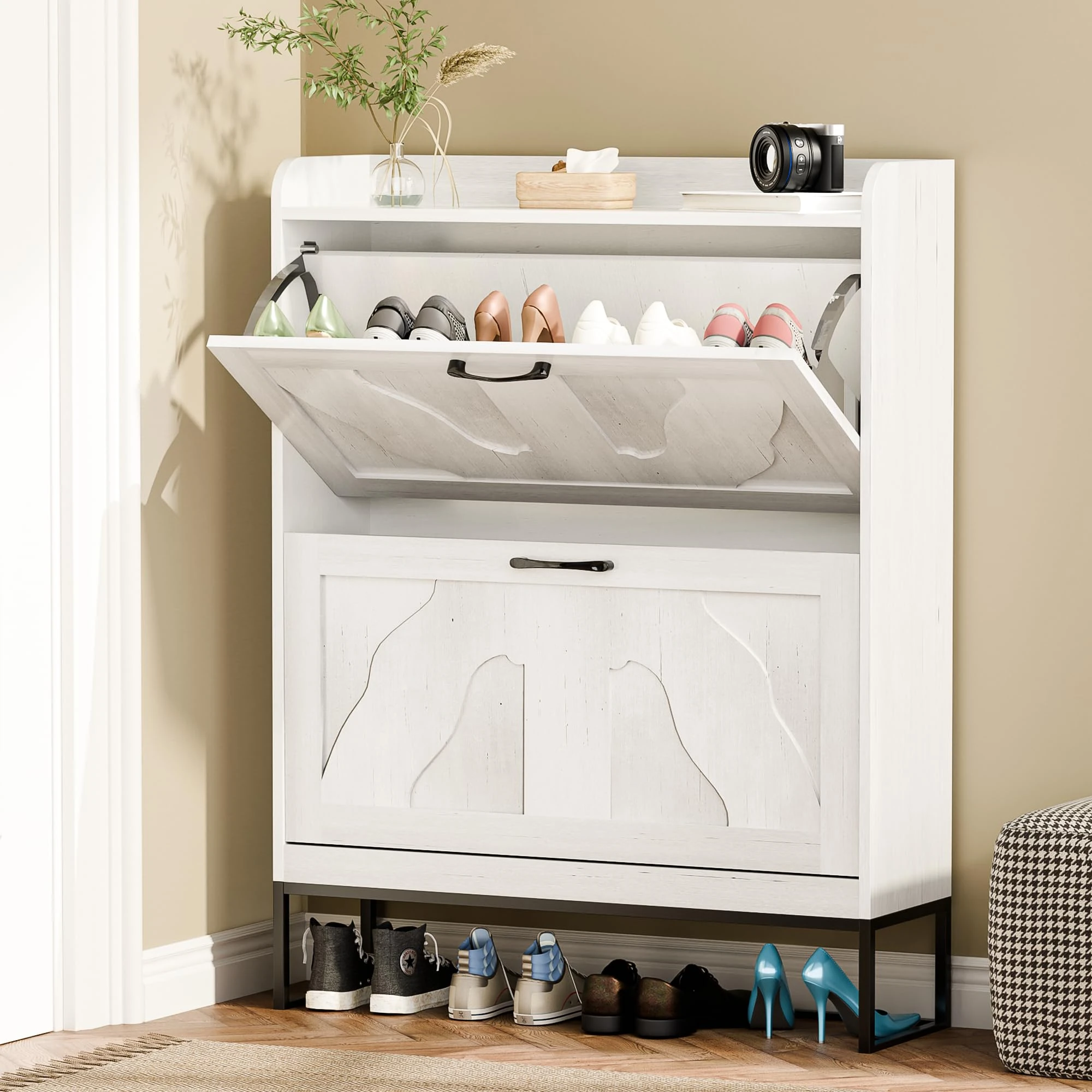 infurnic Shoe Storage Cabinet with 2 Flip Drawers, Narrow Shoe Cabinet for Entryway, Freestanding Organizer Shoe Rack Cabinet for Front Door Entrance Hallway Foyer, White