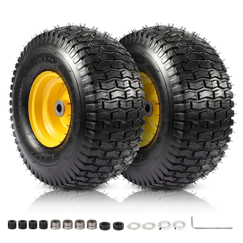 2PCS 15x6.00-6 Tire and Wheel Assembly, Replacement for Craftsman John Deere Cub Cadet Riding Mowers, 4 Ply Tubeless Lawn Mower Tires 15x6x6, 500lbs Capacity, 3" Offset Hub, 3/4" Bushing