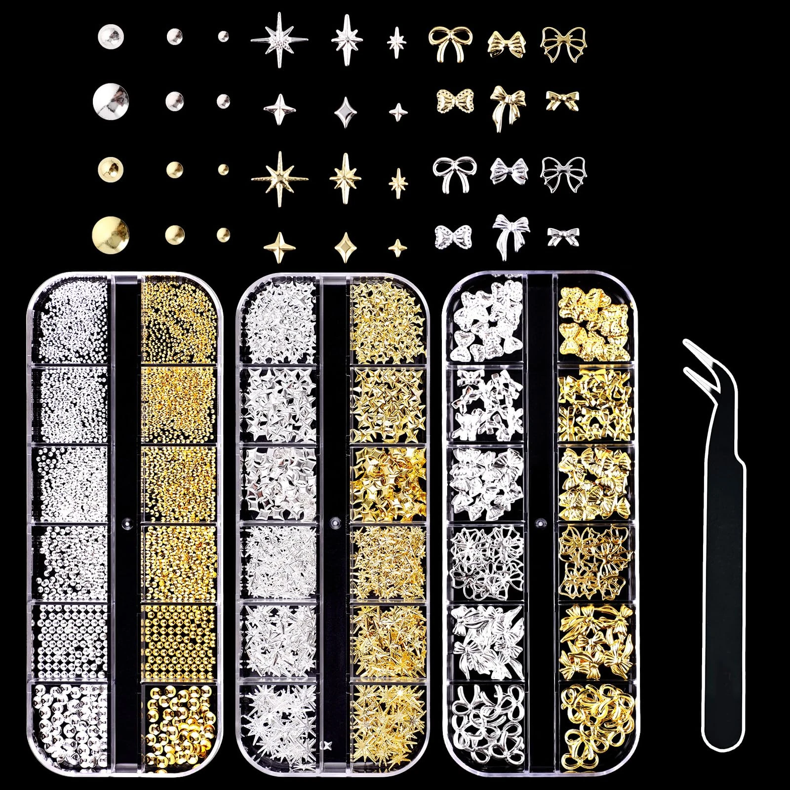 3D Nail Charms, VEGCOO 3 Boxes Gold Silver Nail Stuff Nail Gems Rhinestones Charms with Tweezers, Assorted Styles Bows Stars Pearls Nail Art Charms for Women Girls Nail Art DIY Accessories