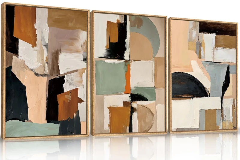 LHIUEM Large Neutral Colorful Pastel Framed Canvas Wall Art Set,Abstract Brush Stroke Wall Decor,Minimalist Shapes Textured Artwork for Living Room,Bedroom,Dining Room,Office -24"x36"x3