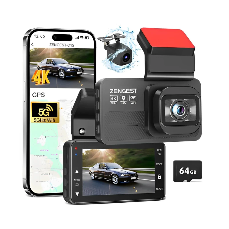 Dash Cam Front and Rear, Dual Car Camera 4K 1080P, 5GHz WiFi GPS Dash Camera, 3” IPS Touch Screen, 64GB, Night Vision, 170°Wide Angle, 24H Parking Mode, APP Control, WDR, Loop Recording (C15-BLACK)