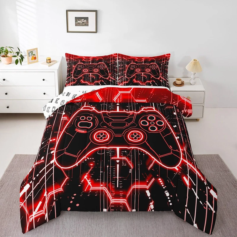 Feelyou Kids Red Gamer Comforter Set Queen Size, Honeycomb Gaming Comforter Boys Girls Modern Game Console Bedding Set Gamepad Teens Duvet Set Bedroom Decor Microfiber Bed Set