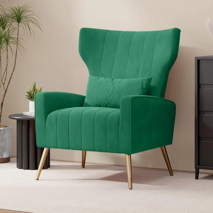 Hawthyhome Armchair Recliner with Comfortable Cushion with Pillow Golden Metal Legs Padded Seat Lounge Couch Armchair for Living room,and Bedroom Green