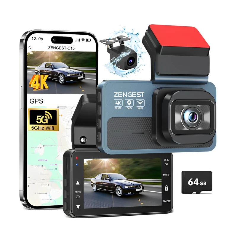Dash Cam Front and Rear, Dual Car Camera 4K, 5GHz WiFi GPS Dash Camera, 3 Inches IPS Touch Screen, 64GB, Night Vision, 170°Wide Angle, 24H Parking Mode, APP Control, Loop Recording (C15-BLUE)