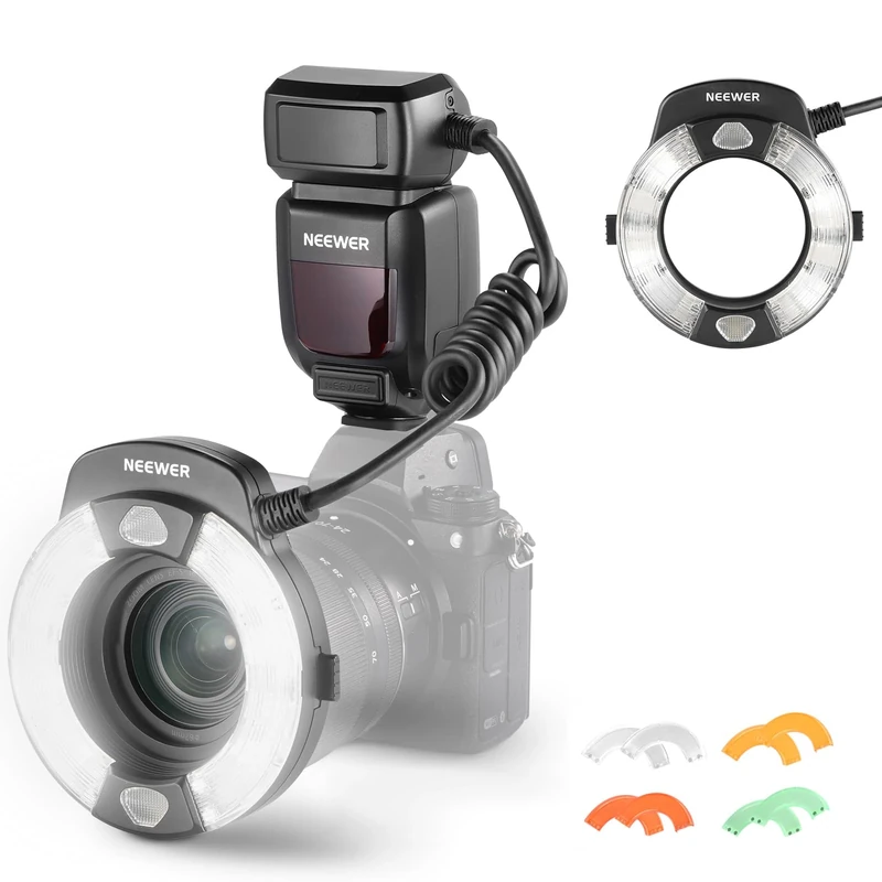 Neewer RF1-N Marco Ring Flash Light Compatible with Nikon Camera, 76Ws GN15 5600K TTL Lighting 1-1/128 Output Front/Rear Curtain Sync Color Gels, Lens Adapter Rings for Macro Photography Studio Photo