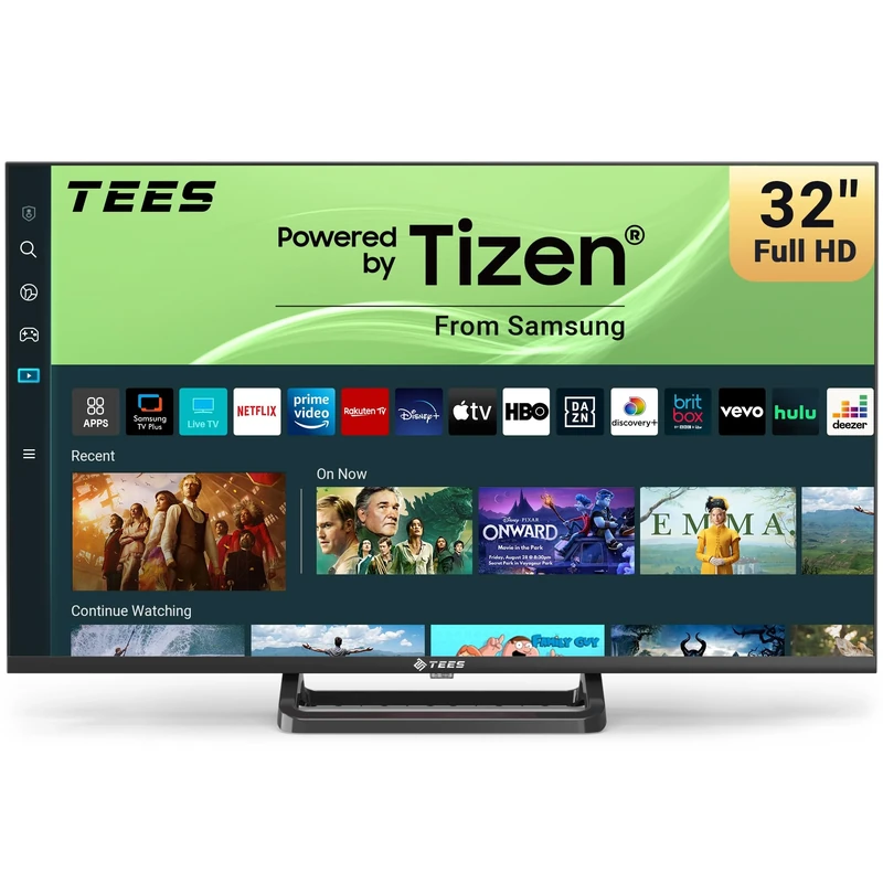Tees 32 inch FHD Smart TV, Tizen OS 1080P Television, Full HD Central Stand with Netflix Disney+ Gaming Hub Dolby Audio, Small Center Foot for Bedroom or Kitchen, Made in the UK