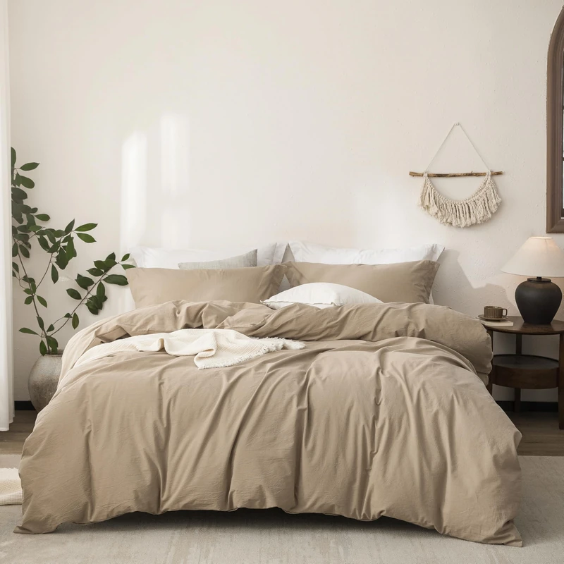 Warm Moment Linen Feel Duvet Cover Queen Size 90inch x 90inch,100% Washed Cotton Duvet Cover with Zipper Closure and 2 Pillowcases, Color of Mocha Brown