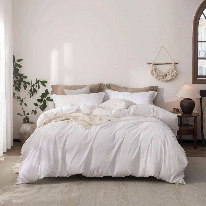 Warm Moment Linen Feel Duvet Cover King Size 104inch x 90inch,100% Washed Cotton Duvet Cover with Zipper Closure and 2 Pillowcases, Color of Bright White