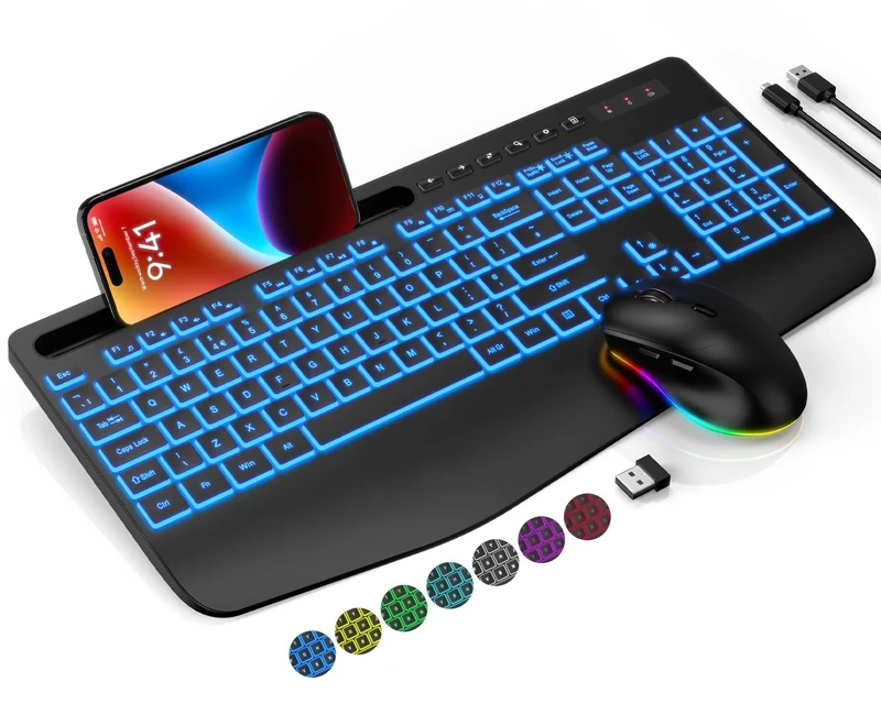 Wireless Keyboard and Mouse Set, 7 Colored Backlit, Wrist Rest, Rechargeable Ergonomic Keyboard with Phone Holder, Silent Lighted Full Size Combo (Black)