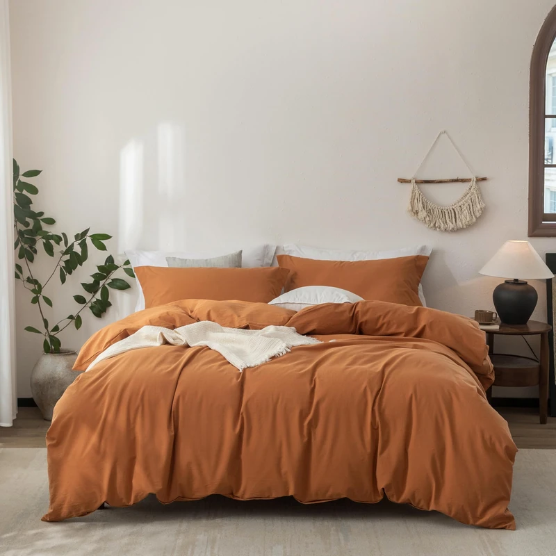 Warm Moment Linen Feel Duvet Cover King Size 104inch x 90inch,100% Washed Cotton Duvet Cover with Zipper Closure and 2 Pillowcases, Color of Burnt Orange