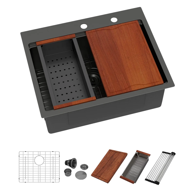 Dcolora 25 Inch Black Kitchen Sink Drop in, Nano-PVD Black Stainless Steel Workstation Sink Single Bowl Topmount with Accessories All-in-One, #DC-T8861 25"x20"x10"