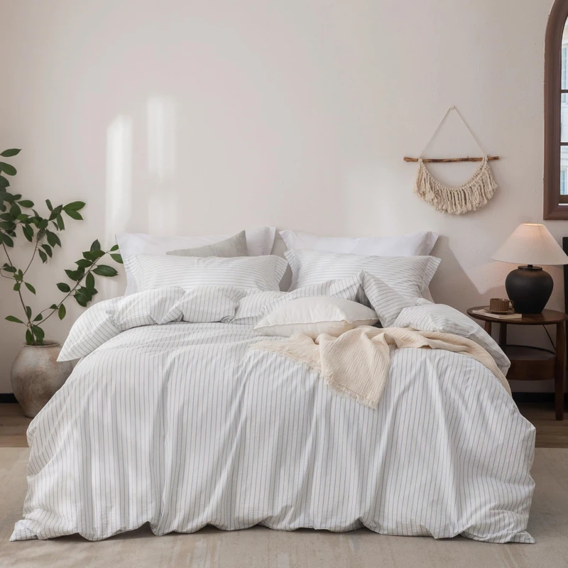 Warm Moment Stripe Linen Feel Duvet Cover Queen Size 90inch x 90inch,100% Washed Cotton Duvet Cover with Zipper Closure and 2 Pillowcases, Stripe of White-Cornflower Blue