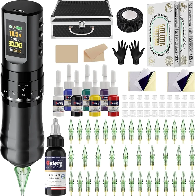 Solong Tattoo Kit Tattoo Machine Wireless with 1800mAh Power LED Display Rotary Tattoo Pen with 40pcs Tattoo Cartridges Needles and 7 Multicolor Ink SLE96EN01SUK-1