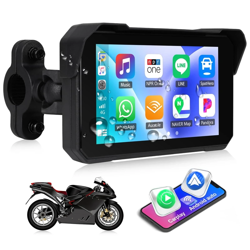 CAMECHO Motorcycle CarPlay Screen, Wireless CarPlay Android Auto, 5 Inch IP68 Waterproof Touchscreen, Portable Car Stereo for Motorbike, Dual Bluetooth, Wireless Car Play, Tire Pressure Detection