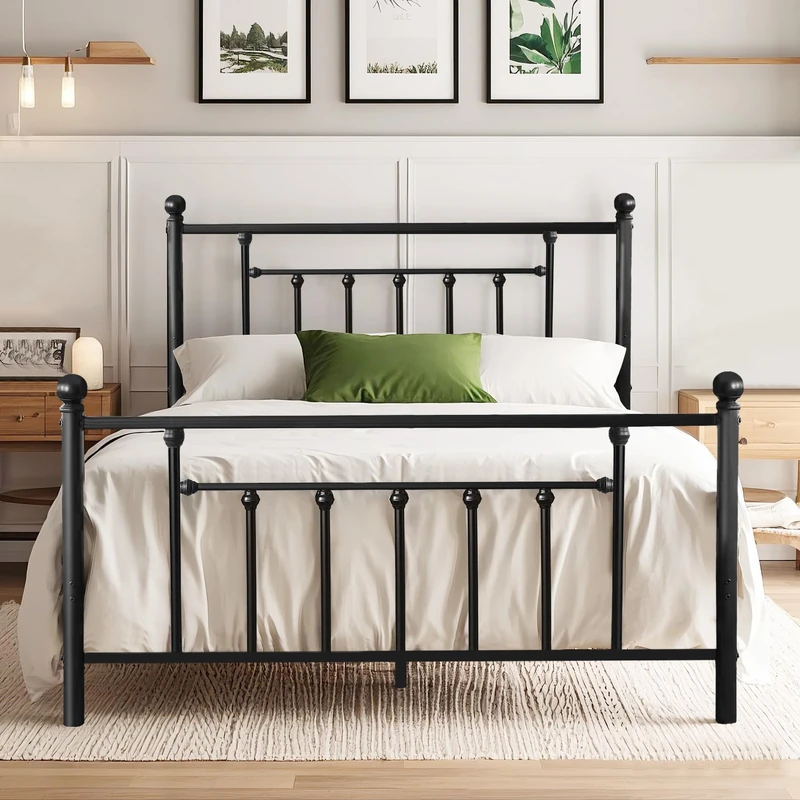 VECELO 4ft6 Double Bed Frames with Victorian Headboard and Footboard, 135 × 190 cm Metal Platform, Heavy Duty Steel Slat Support, Non-slip Mattress Foundation, No Box Spring Needed, Easy Assembly
