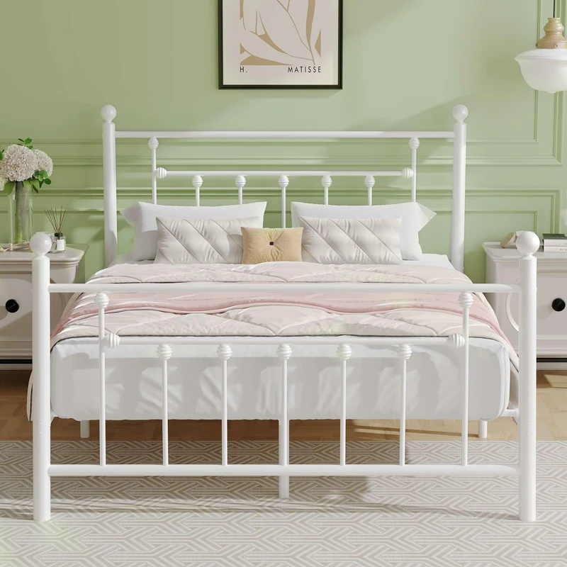 VECELO 4ft6 Double Bed Frames, Victorian Style Metal Platform with Headboard and Footboard, Heavy Duty Steel Slat Support, Non-slip Mattress Foundation, No Box Spring Needed, Easy Assembly