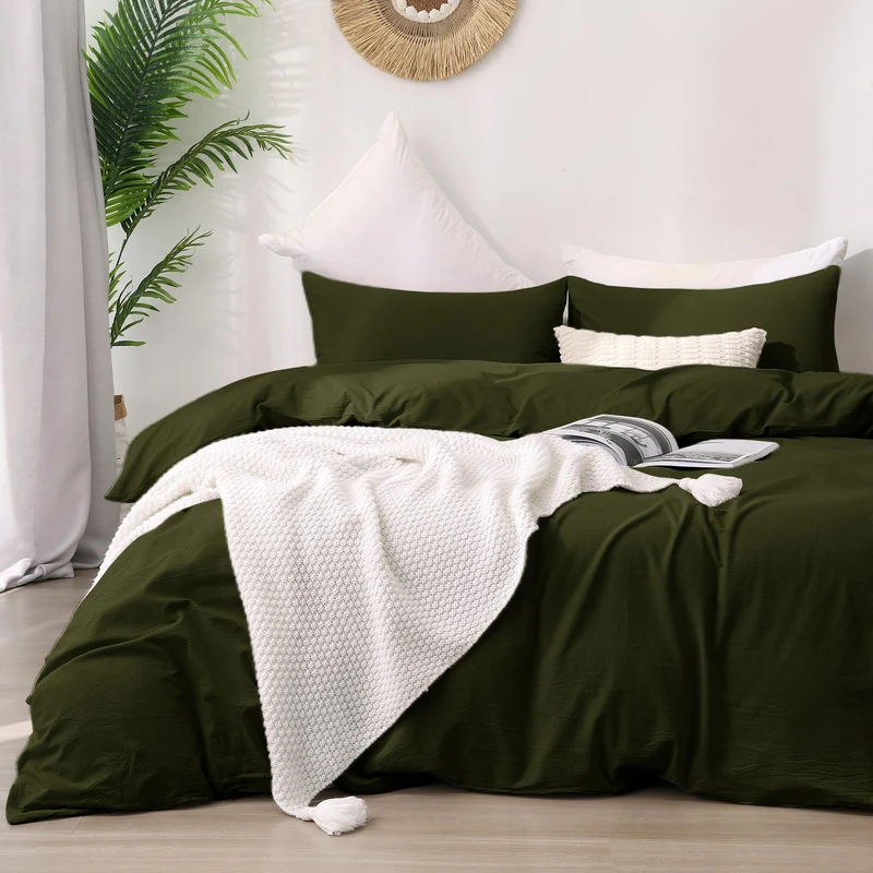 ATsense Duvet Cover California King Size, 100% Washed Cotton, Linen Feel, Olive Green Comforter Cover, 3 Pieces Bedding Set, Soft and Breathable, Premium Luxury Hotel Style, Farmhouse Style