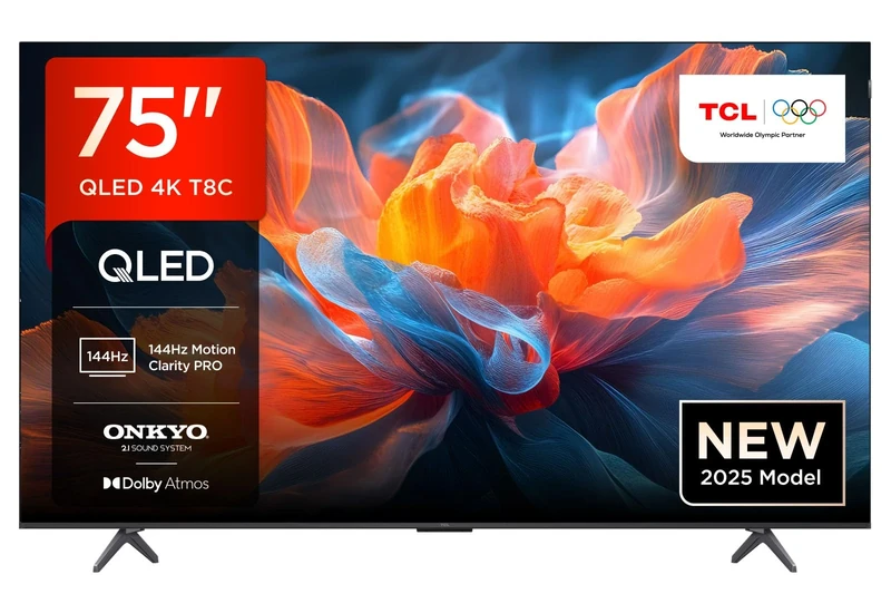TCL 75T8C-UK 75" 4K 144Hz Gaming QLED Onkyo 2.1 Dolby Atmos Google TV with Dolby Vision & HDR 10+ BBC iPlayer (2025 New Model)