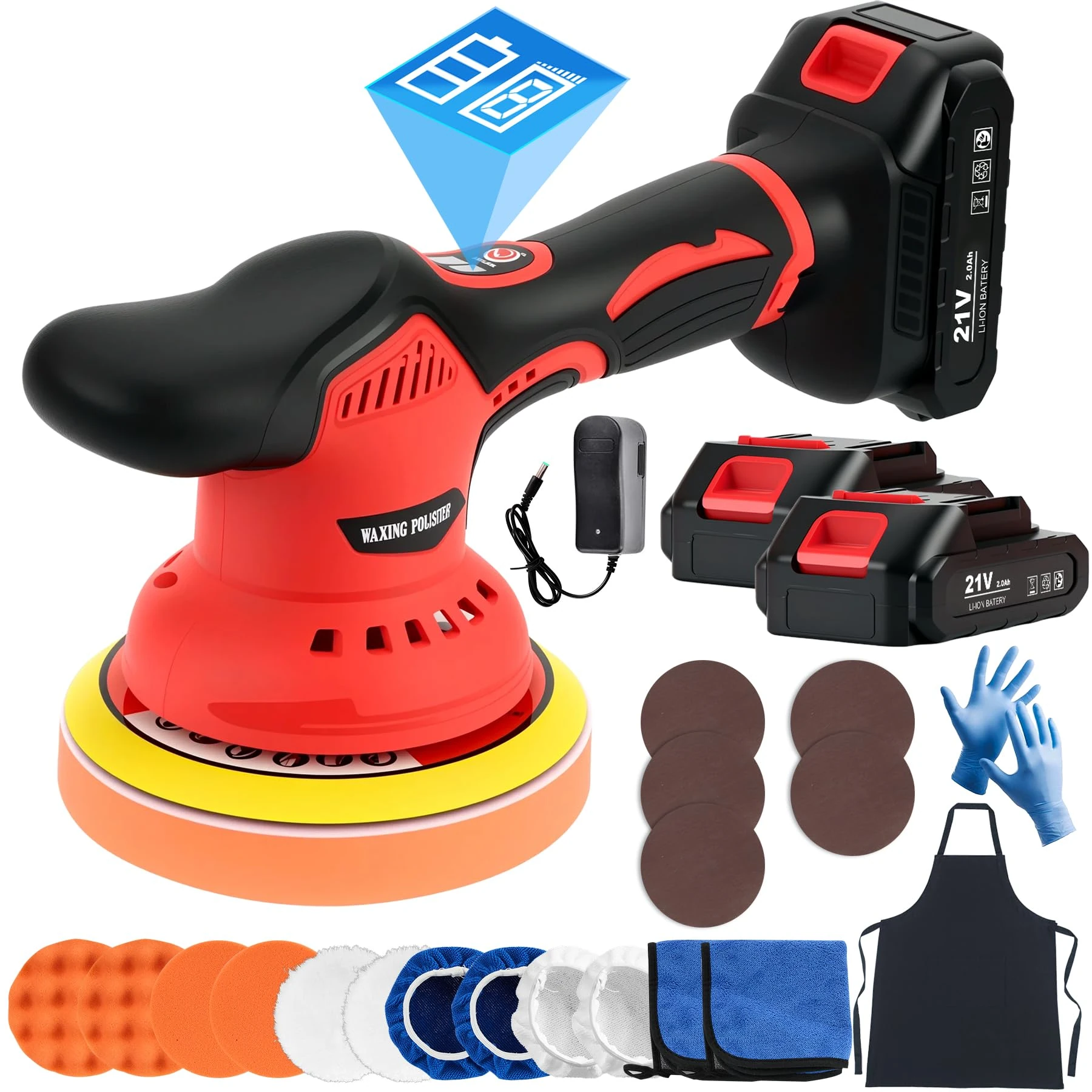 Cordless Car Polisher with 2x21V Rechargeable Batteries, 6IN Car Buffer Polisher with 8 Variable Speed 2800-5500RPM and 21 PCS Attachments, Polishing Waxer for Car Detailing, Sanding, Scratch Removing