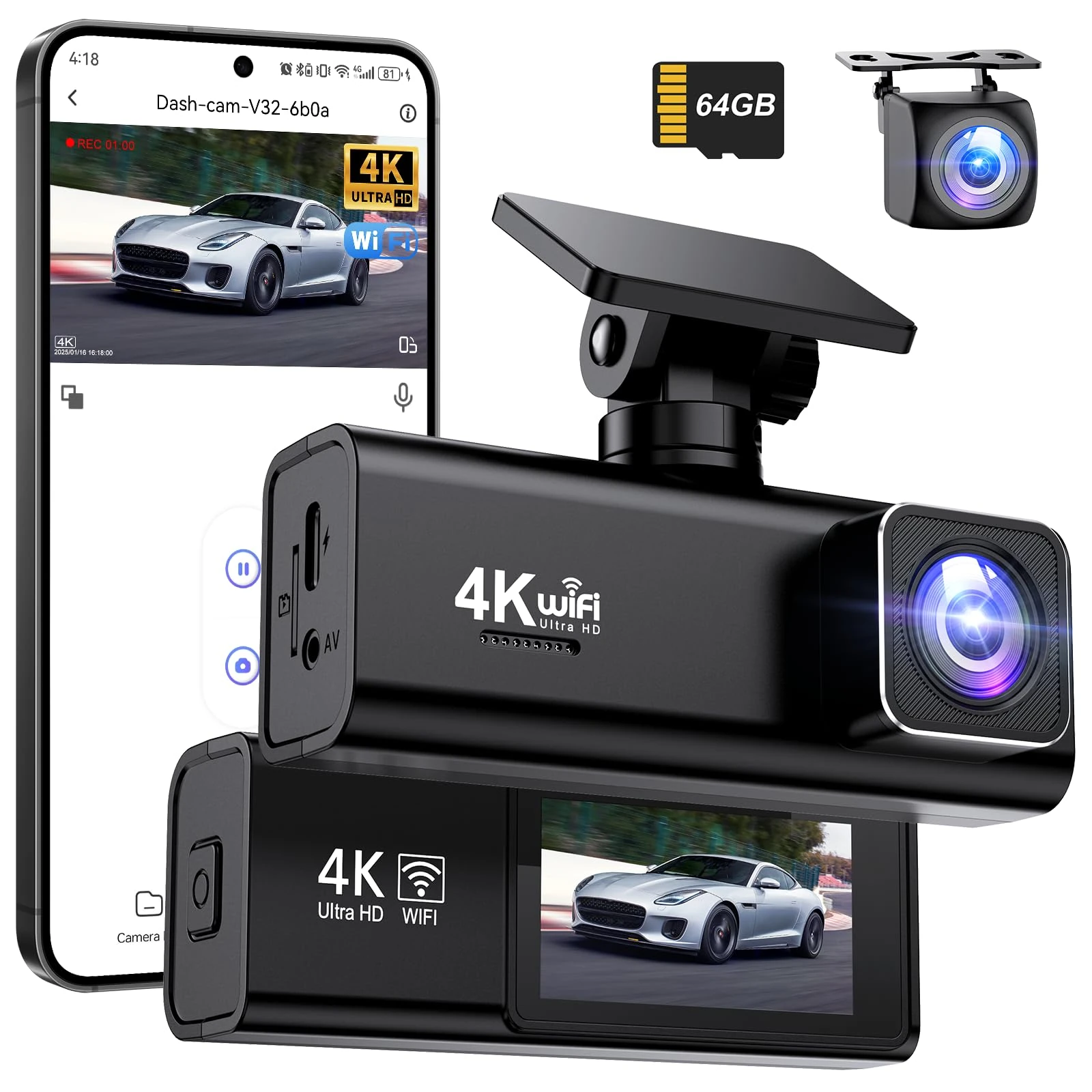 SAVUSCAM Dash Cam 4K + 1080P, WiFi Dash Cam Front and Rear, 64GB SD Card Included, Dual Car Camera Dashcam with Night Vision, WDR, 170° Wide Angle, G-Sensor, App Control, Loop Recording
