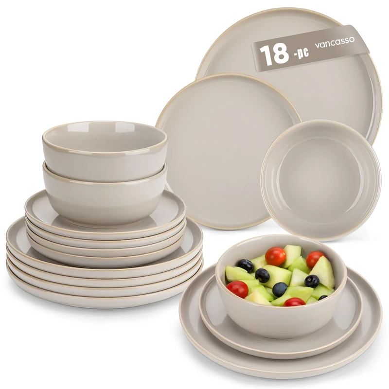vancasso Playa Dinner Sets for 6 People, 18 Pieces Stoneware Plates and Bowls Set, Scratch Resistant Dinnerware Sets for Everyday Dining, Dishwasher and Microwave Safe, Grey