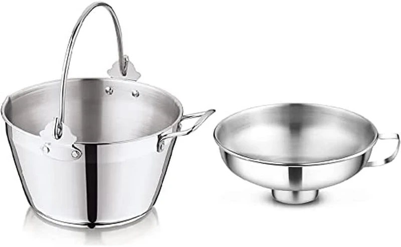 Penguin Home 8.5L Maslin Pan with 14cm Wide Neck Jam Funnel, Stainless Steel Pot with Steel Canning Funnel for Preserving Combo Maslin Pan & Jam Funnel with Side Handle