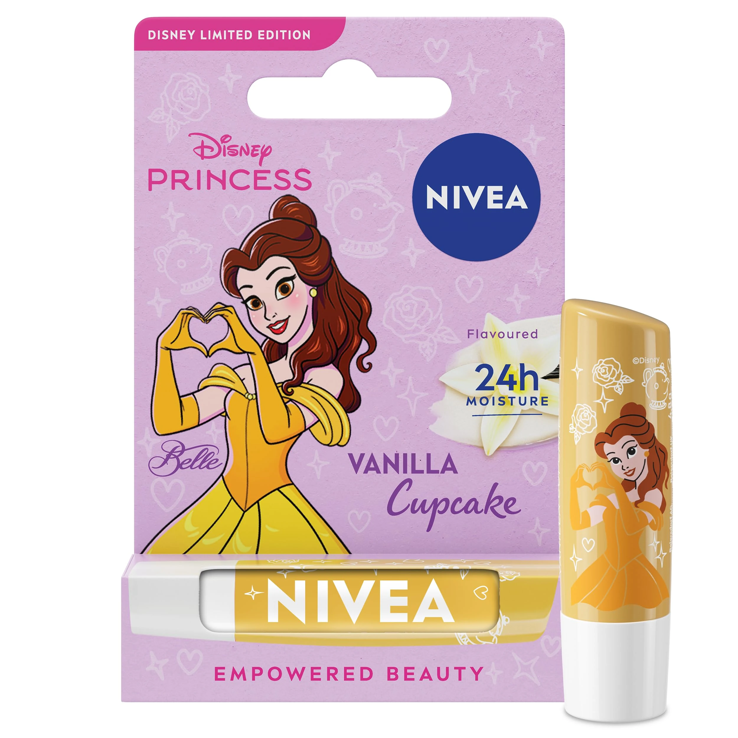 NIVEA Disney Princess Belle Limited Edition Vanilla Cupcake Lip Balm (4.8g), Unique Disney Princess Inspired Lip Balm for Kids, Contains Moisturising Shea Butter for 24 Hour Moisture