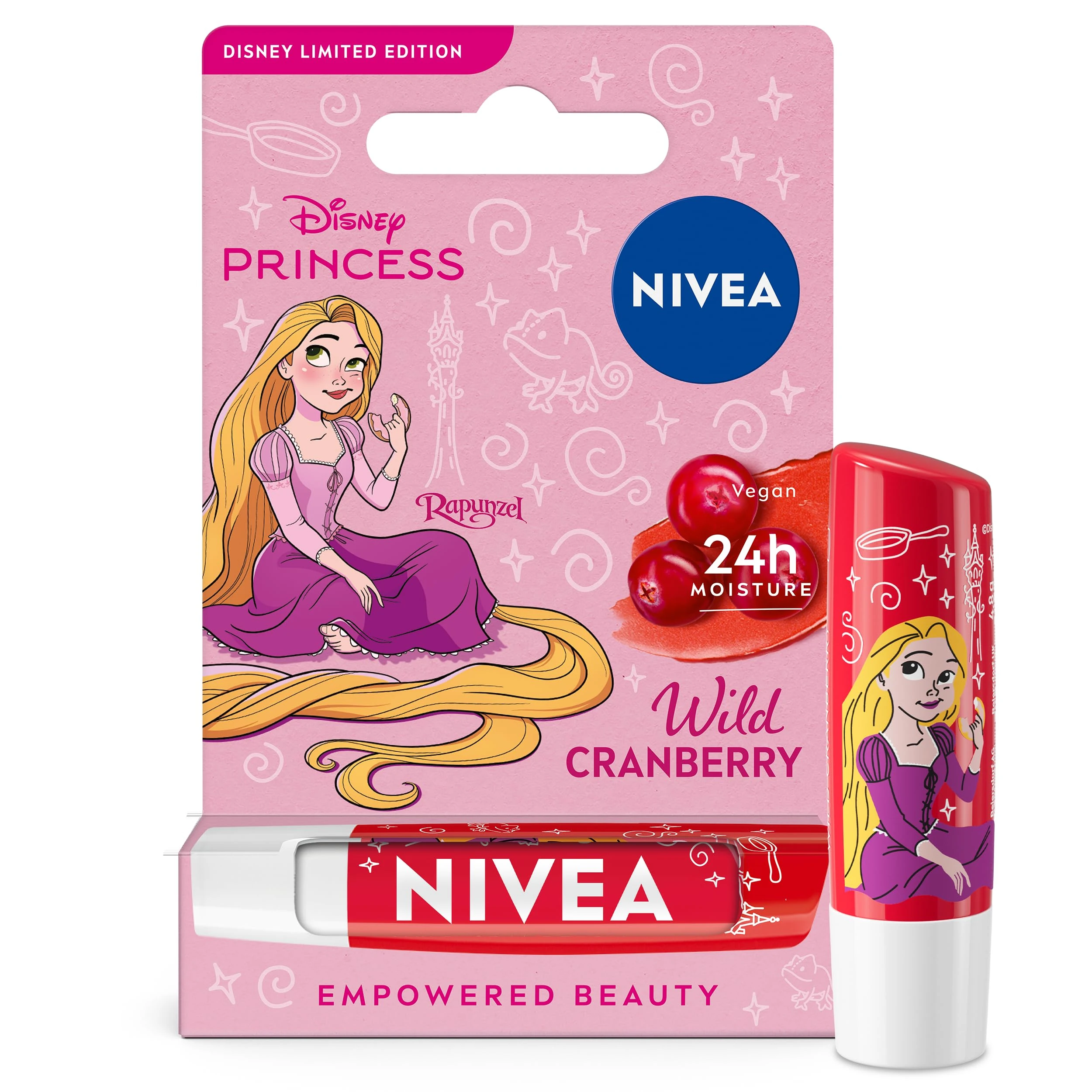 NIVEA Disney Princess Rapunzel Limited Edition Wild Cranberry Lip Balm (4.8g), Unique Disney Princess Inspired Lip Balm for Kids, Contains Moisturising Shea Butter for 24 Hour Moisture