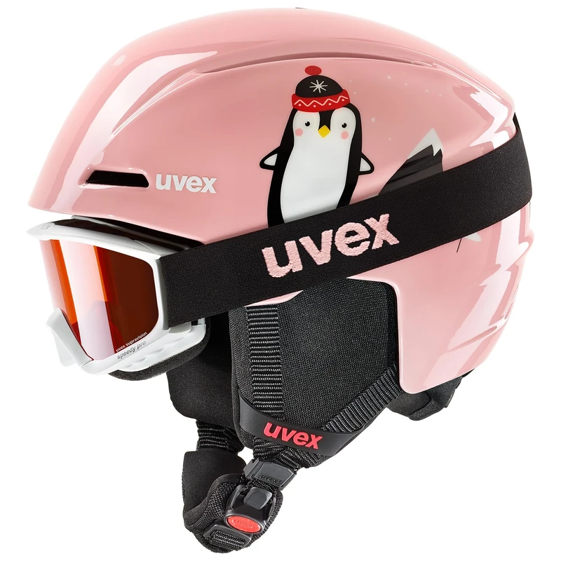 uvex viti set - ski helmet & ski goggles for kids - lightweight - 100% UVA-, B, C protection - pink penguin - 46-50
