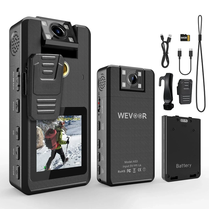 1296P HD Mini Pocket Body Camera | A53 64GB | 4600mAh 20 Hours Dual Battery Pack, Wevoor Wearable Body Cam with IR Night Vision, Bodycam with Audio and Video Recording for Police Cycling Work Travel