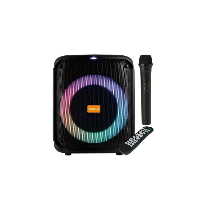 KIGOGA A-8013 - Bluetooth Speaker with Light Effects, Wireless Microphone, Radio, Karaoke Function and Remote Control, Built-in Battery, Black