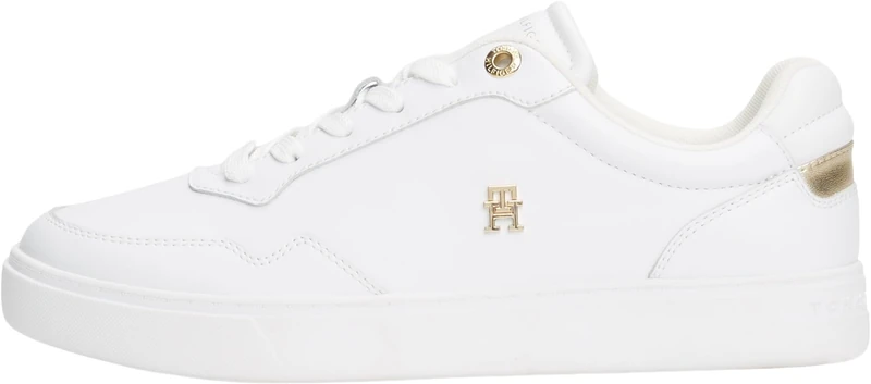 Tommy Hilfiger Women’s Essential Elevated Court Leather Cupsole Trainers, White (White/Gold), 6