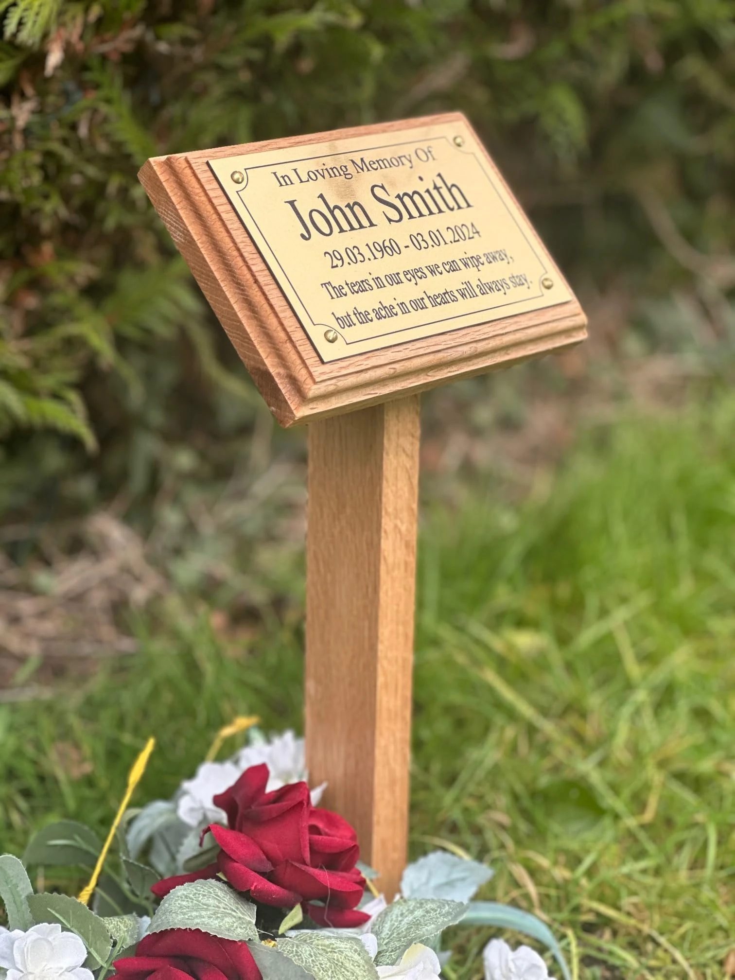 Personalised solid oak rectangle stake grave marker with plaque