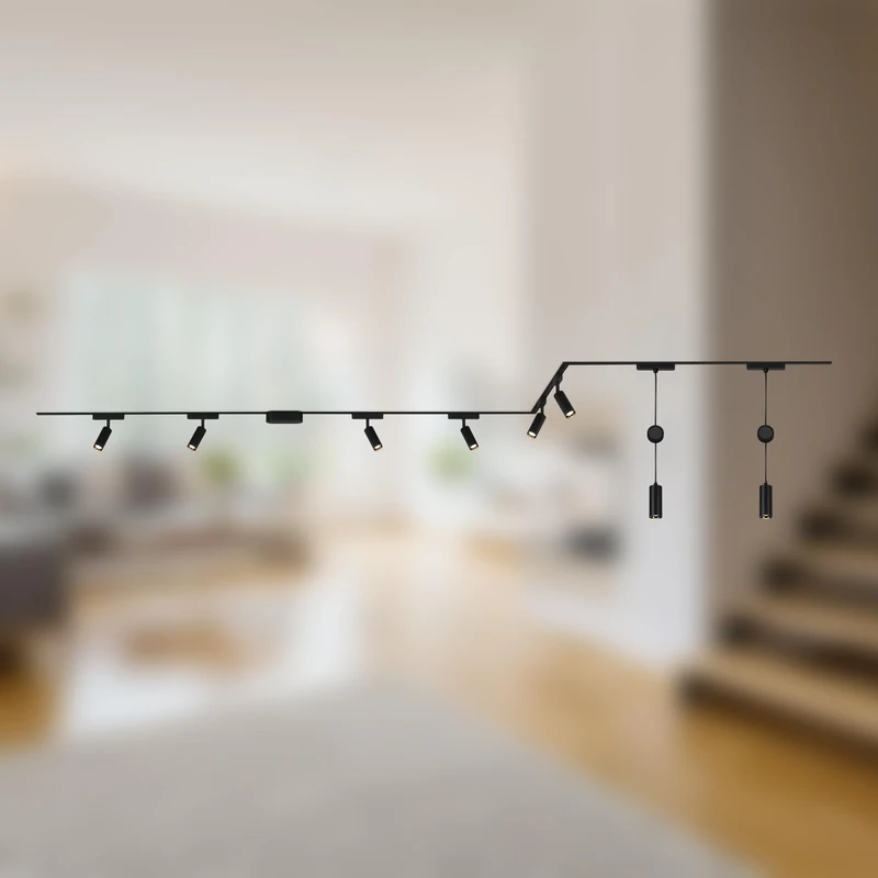 Briloner - Luxtrail Rail System Complete Set, 6X LED spotlights, 2X LED Height Adjustable Suspension, U-Shape/Z Shape, Lamps, Ceiling Light Rail System, Spotlight Rail, 4 m, Black