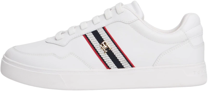 Tommy Hilfiger Women's Webbing Leather Cupsole Trainers, White (White), 4