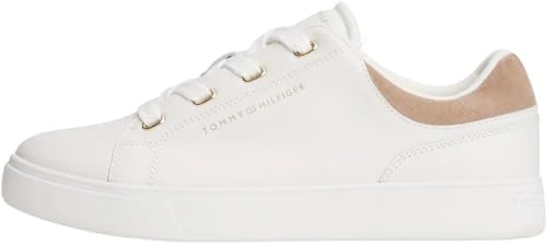 Tommy Hilfiger Women's Casual Leather Cupsole Trainers, White (Ecru/Coastal Taupe), 7.5