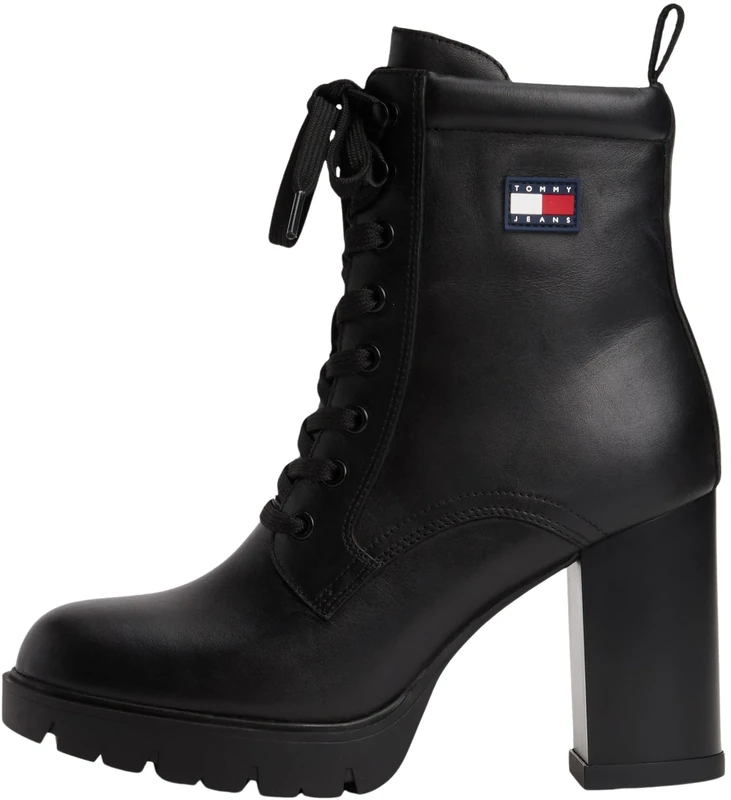 Tommy Jeans Women’s Lace-up Heeled Leather Ankle Boots, Black (Black), 7.5