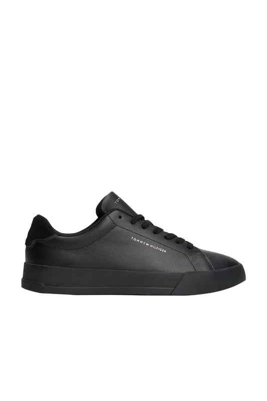 Tommy Hilfiger Men’s Detail Essential Leather Court Trainers, Black (Black/Black), 7
