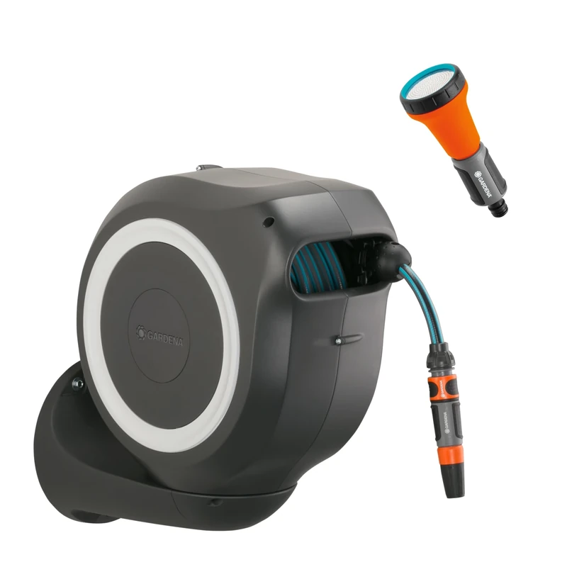 GARDENA Wall-Mounted Hose Box RollUp M 20 m, Flexible irrigation for medium-sized gardens, pivoting hose reel, with wall bracket, system parts and sprayer including 20 m Gardena hose (18612-60)