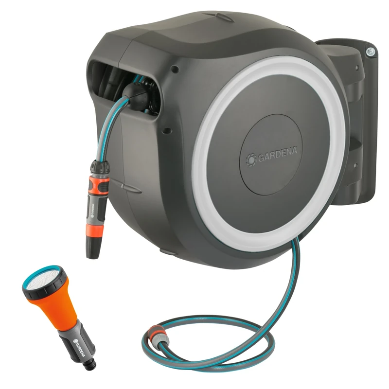 Gardena Wall-Mounted Hose Box Rollup M/L (White) 25 m: Versatile Watering System for Medium-Sized to Large Gardens, Swivel Hose Box, Including 25 m Gardena Hose & mounting kit (18622-20)