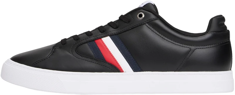 Tommy Hilfiger Men's Icon Court Stripes Leather Cupsole Trainers, Black (Black), 7