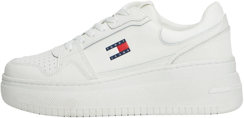 Tommy Jeans Women’s Retro Basket Flatform Leather Trainers, White (Ecru), 3.5