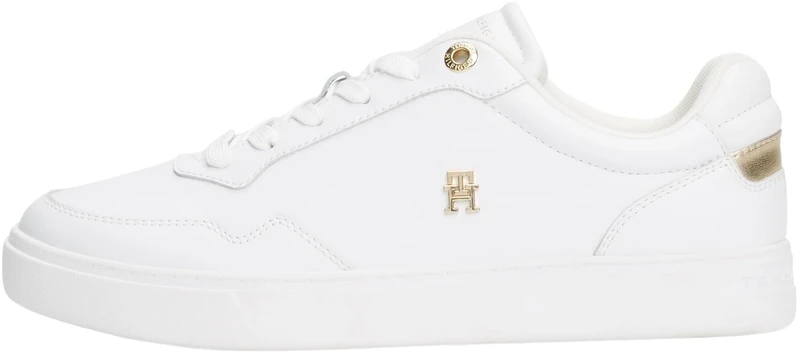 Tommy Hilfiger Women’s Essential Elevated Court Leather Cupsole Trainers, White (White/Gold), 6.5