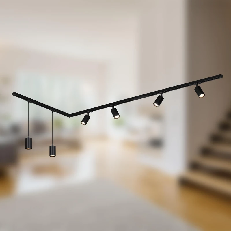 Briloner - Rail Rail System, Complete Set, 4X GU10 Adjustable spotlights, 2X GU10 suspensions, L-Shape, Ceiling Light Rail System, Spotlight, Spotlight, 2.25 m, Black