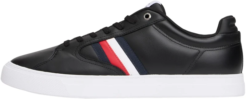 Tommy Hilfiger Men's Icon Court Stripes Leather Cupsole Trainers, Black (Black), 8