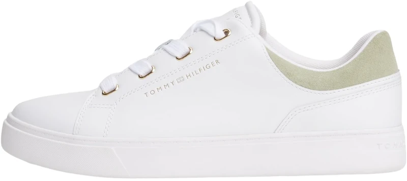 Tommy Hilfiger Women's Casual Leather Cupsole Trainers, White (White/Earth Sage), 7.5