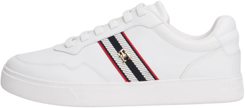 Tommy Hilfiger Women's Webbing Leather Cupsole Trainers, White (White), 3.5